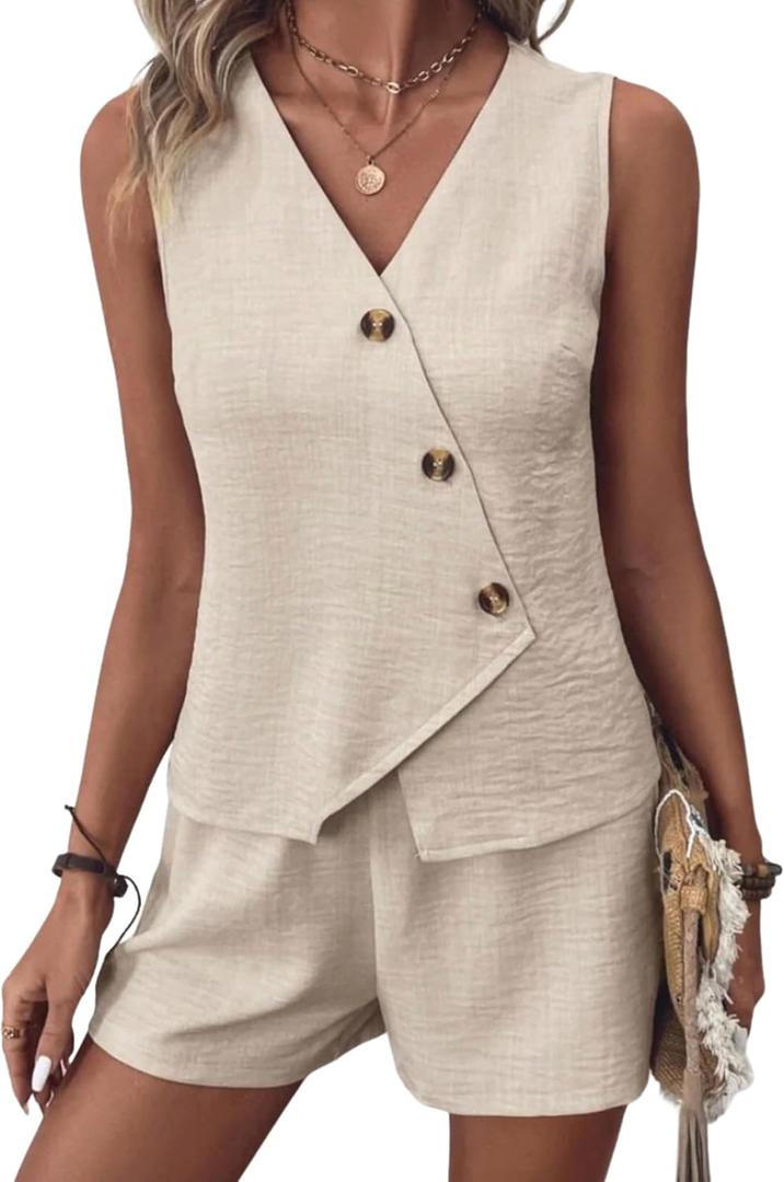 HVT Short Sets Women 2 Piece Outfits Button Down V Neck Vest Sleeveless Matching Sets with Pockets Shorts (Beige, S)