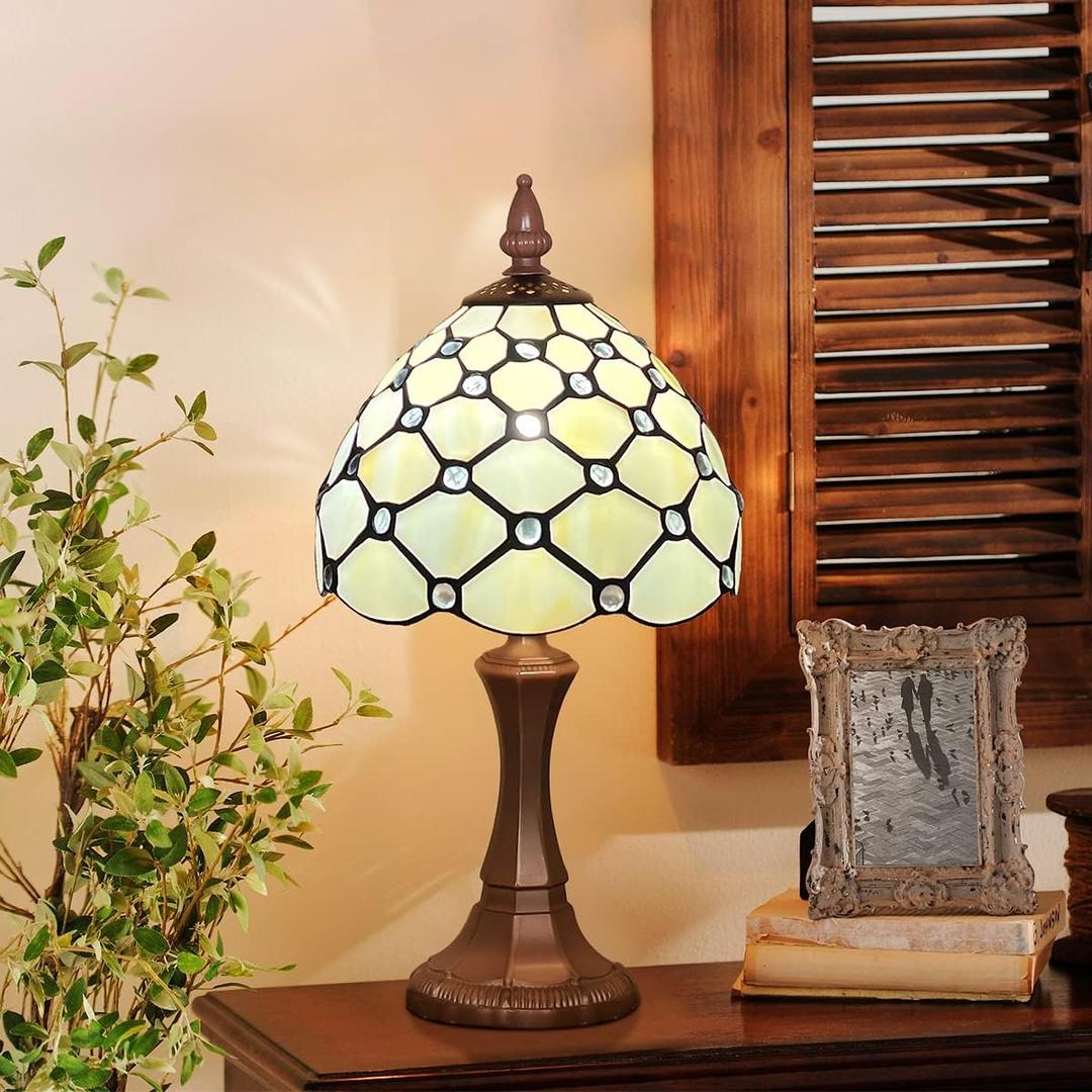 Tiffany Table Lamp Antique Beige Beads Style Stained Glass Lamp