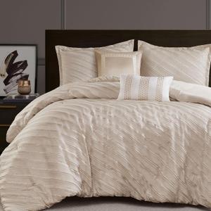 Madison Park Queen Comforter Set Raised Jacquard Texture Comforters Queen Size Bed, All Season Down Alternative Bedding Queen Size Comforter, Decor Pillows, Matching Shams, Riva, Queen Beige 5 Piece
