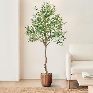 ANTING Artificial Olive Tree, 6FT Tall Faux Olive Tree with Pot, 72in Indoor Silk Plant with Realistic Trunk, 1150 Leaves and Lifelike 44 Fruits for Home Office Decor Outdoor (1pack)