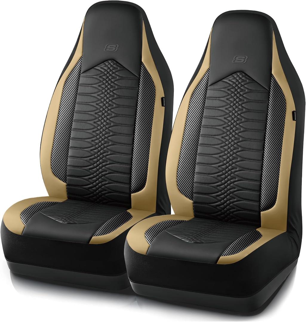 Skechers Memory Foam Car Seat Covers, Leather High Back Seat Covers Quilting Design,Waterproof Sports Car Seat Covers Front Seats,Airbag Compatible, Universal Fit for Most Cars, SUVs,Trucks,Beige