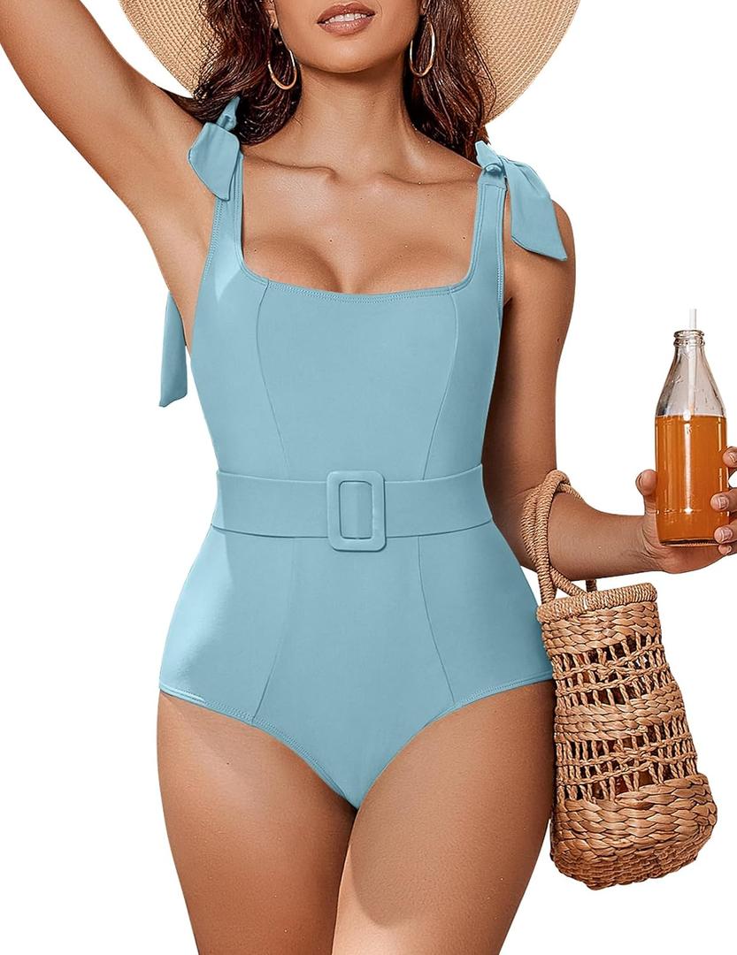 AI'MAGE Womens One Piece Swimsuit Belted 2025 Tummy Control Bathing Suits Square Neck Tie Shoulder Swim Suits, Size M