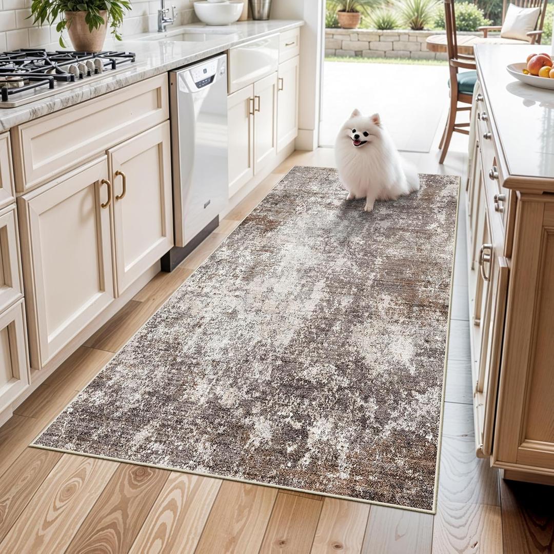 4x5 Washable Entryway Rug – Non-Slip Low Pile Throw Area Rug for Bathroom Kitchen Living Room Bedroom – Modern Abstract Neutral Soft Indoor Small Carpet (Brown Beige,4x5)