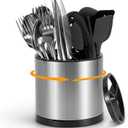 360 Rotating Kitchen Silverware Caddy, Stainless Steel Utensil Holder for party Counter with 3 Compartments, Cooking Flatware Organizer Spoon Spatula Tool Cutlery Container (Silvery, Medium)