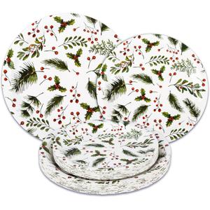 48Pcs Christmas Paper Plates Holly Berries Disposable Party Plates Festive Red Green Holiday Dinnerware Merry Christmas Winter Round Plates for New Year Gatherings Party Table Supplies