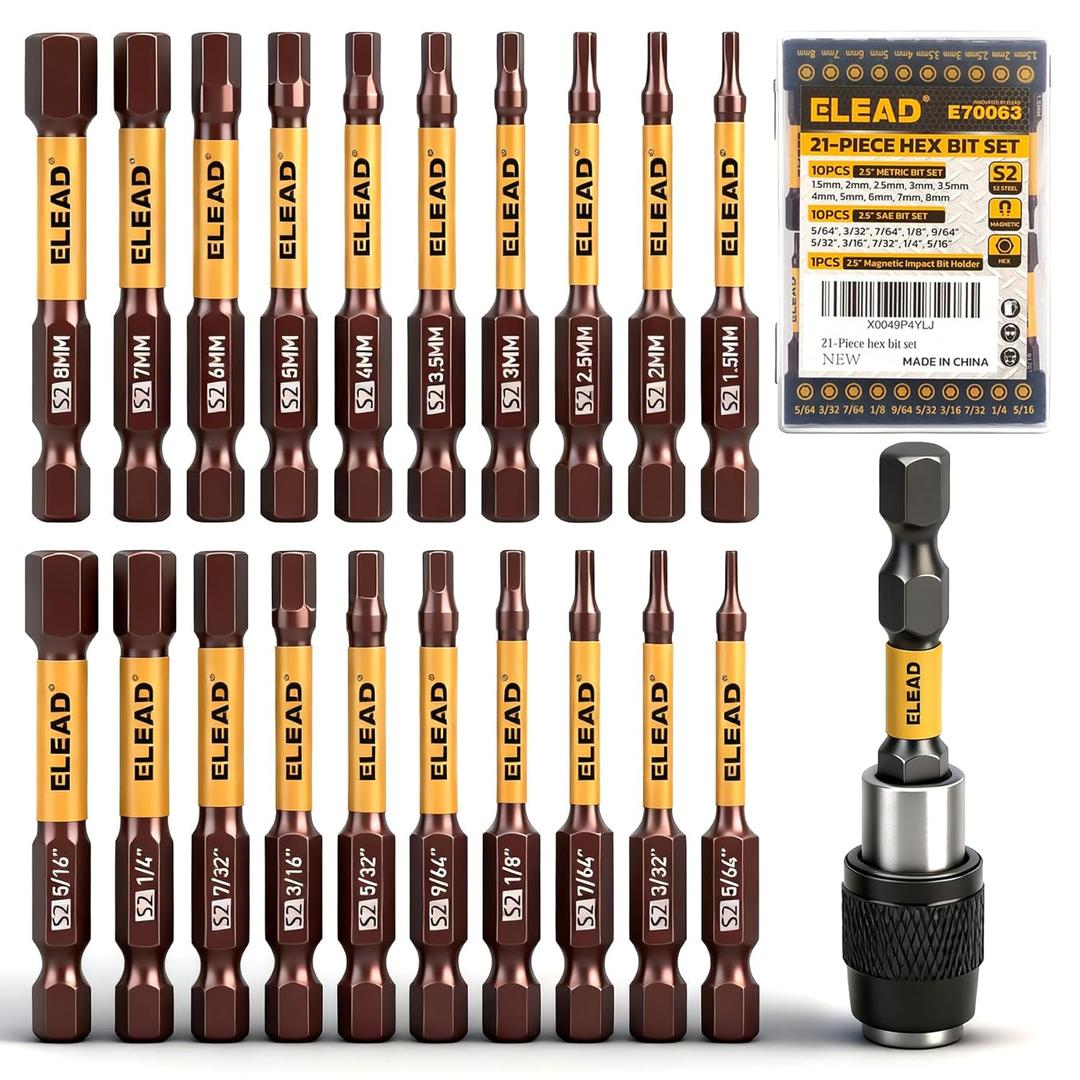21-Piece 2.5" Allen-Wrench Hex Drill Bit Set, Durable Impact Allen Key Set, Long-Lasting Strong Magnetic Hex Screwdriver Bit Set, SAE & Metric Size, Mechanic Automotive Furniture DIY Home Repairs