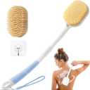 Rafow Ergonomic Back Scrubber for Shower - Anti Slip Long Handle Bath Brush with Stiff and Soft Bristles - Showering Exfoliator Wet or Dry Brushing for Women, Men, Elderly (Curved Handle Blue)