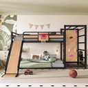 Bellemave Full Size Bunk Bed with Basketball Hoop, Pull-up Rings and Climbing Wall, Full Bunk Bed with Slide and Bookcase, Heavy Duty Bunk Beds with Guardrail, Natural