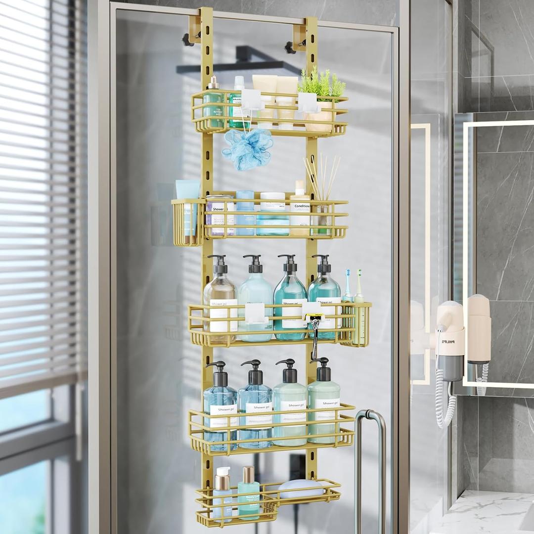 Consumest Over The Door Shower Caddy - 5 Tier Adjustable Shower Organizer Hanging with 2 Toothbrush Holders & 4 Hooks, Rustproof Organizer Shelf, Storage Rack for Bathroom, Gold