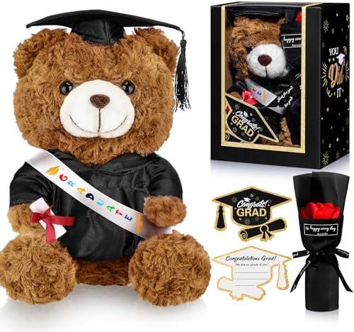 Vertintong Graduation Bear Gifts Set Include Stuffed Animal Bear with Gown Cap Tassel Class of 2025 Grad Card Soap Artificial Flower Box with Window Graduation Gift for Him Her(Black)