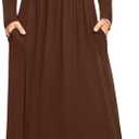 DB MOON Women Casual Long Sleeve Maxi Dresses Empire Waist Long Dress with Pockets (Large, Brown 02)