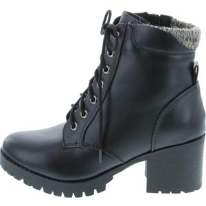 Soda Single Lug Sole Chunky Heel Combat Ankle Boot Lace up w/Side Zipper (8, Black Pu)