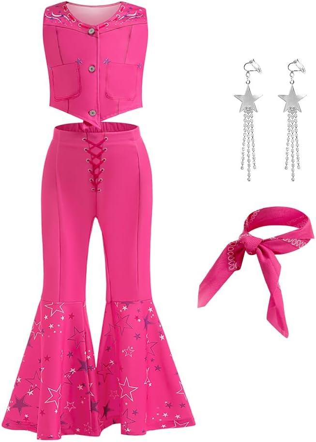 Pink Costume for Girls Cowgirl Costume Dress Kids Disco Outfits Movie Dress up Halloween Party Cosplay 4-13Y (5-6 Years)