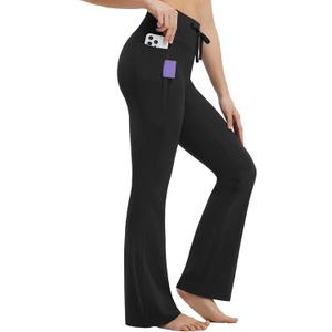 baleaf Womens Flare Leggings with Zipper Pockets Drawstring Flared Yoga Pants Bell Bottom Leggings Tummy Control (S)