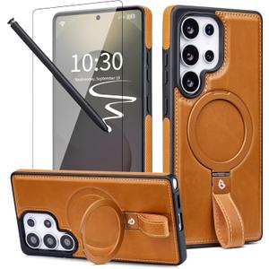 for Samsung Galaxy S25 Ultra Case Leather with Stand, Anti-Slip Shockproof Loop, Compatible with MagSafe, Magnetic Protective Galaxy S25 Ultra Leather Case (Brown, S25 Ultra-6.9inch)