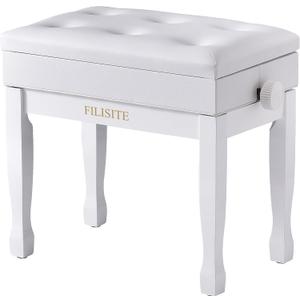 Adjustable Height Piano Bench Stool PU Leather Cushion Wooden Keyboard Seat with Music Storage (White)