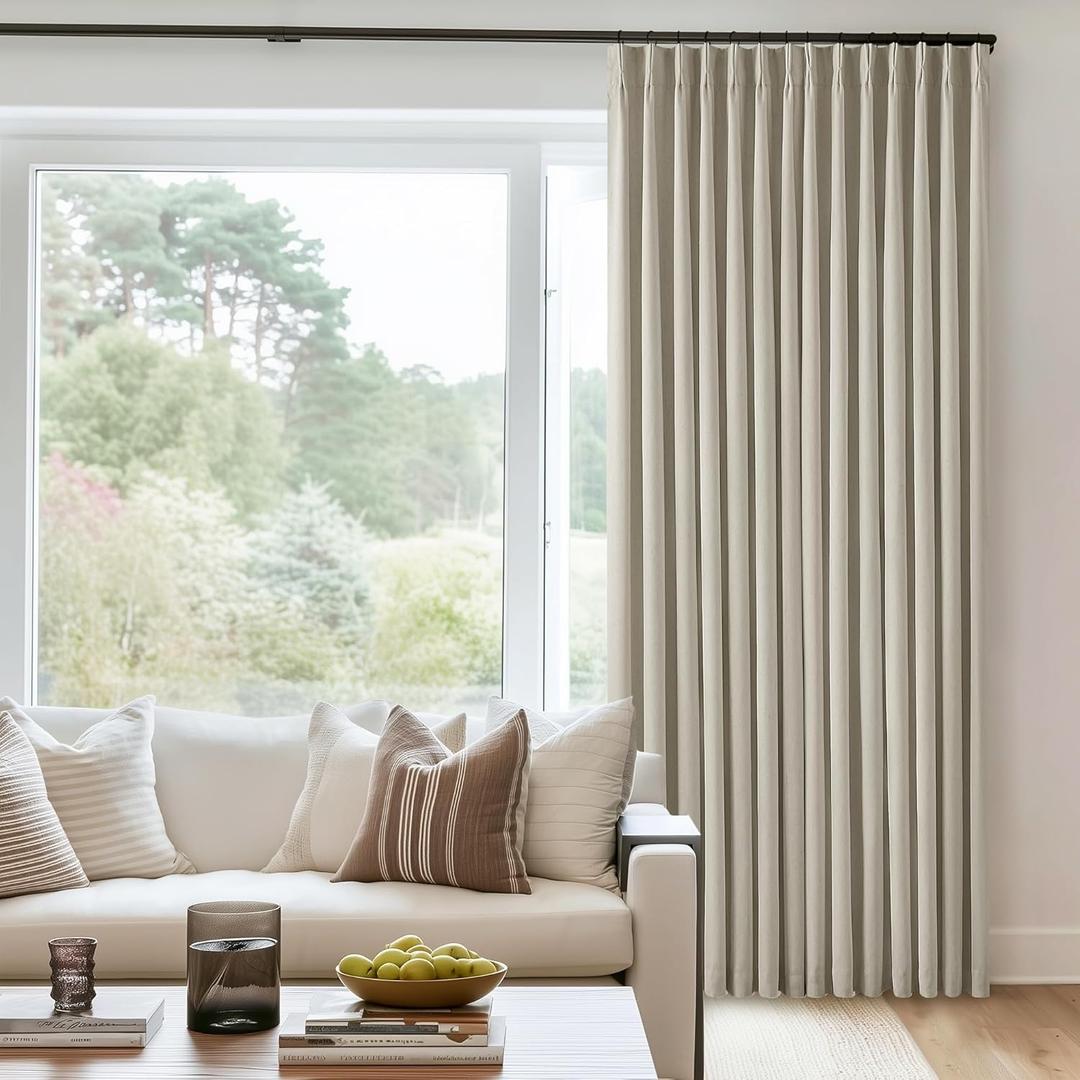 Oatmeal Beige Pleated Linen Blackout Curtains 90 Inches Long for Bedroom Living Room Pinch Pleat Black Out Thermal Insulated Neutral Ring Hooks Back Tab Room Darkening Drapes Curtains with Liner (40"W x 90"L (Pack of 2))