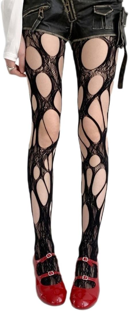 Ripped Fishnet Stockings Tights Gothic Irregular Hole Hollow Out Mesh Lace Pantyhose Women Cosplay Party Accessories (One Size, Black)