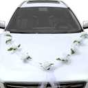 GWHOLE Wedding Car Decorations, 9 White Roses Artificial Flowers Bouquet Ribbon Set with 2 Tulle Ribbons for Wedding Party Just Married Car Decorations