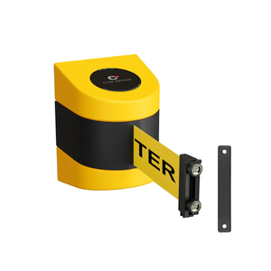 Crowd Control Warehouse - CCW Series WMB-125 Fixed Wall Mount Retractable Belt Barrier - 11 Foot, Black and Yellow Diagonal Stripes Belt with Black Steel Case