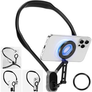 Neck Phone Holder for Recording, Neck Tripod for iPhone, Magnetic Neck Chest Mount, Hands-Free POV Cell Phone Necklace Holder for iPhone 15 14 13 12 Series and All Android Phones