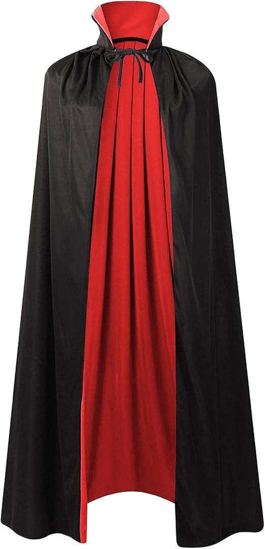 GRAJTCIN Vampire Costume Halloween Vampire Cape Adult, Two Sides Reversible High Collar Magician Hooded Cloak (59", Black and Red)