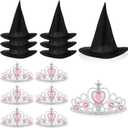 Tarpop 12 Pcs Halloween Witch Hat and Princess Crown Set, Queen Crown and Wizard Hat for Pink Green Birthday Party Decoration