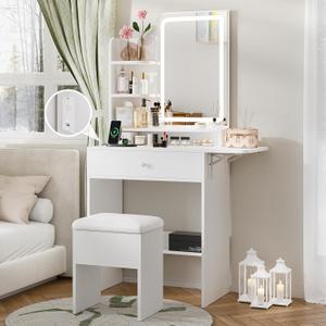 Haewon White Makeup Vanity Desk with Mirror and Lights, Vanity Table Set with Charging Station, Drawer, Storage Chair and Shelves, Dressing Table with Foldable Panel for Small Space Bedroom