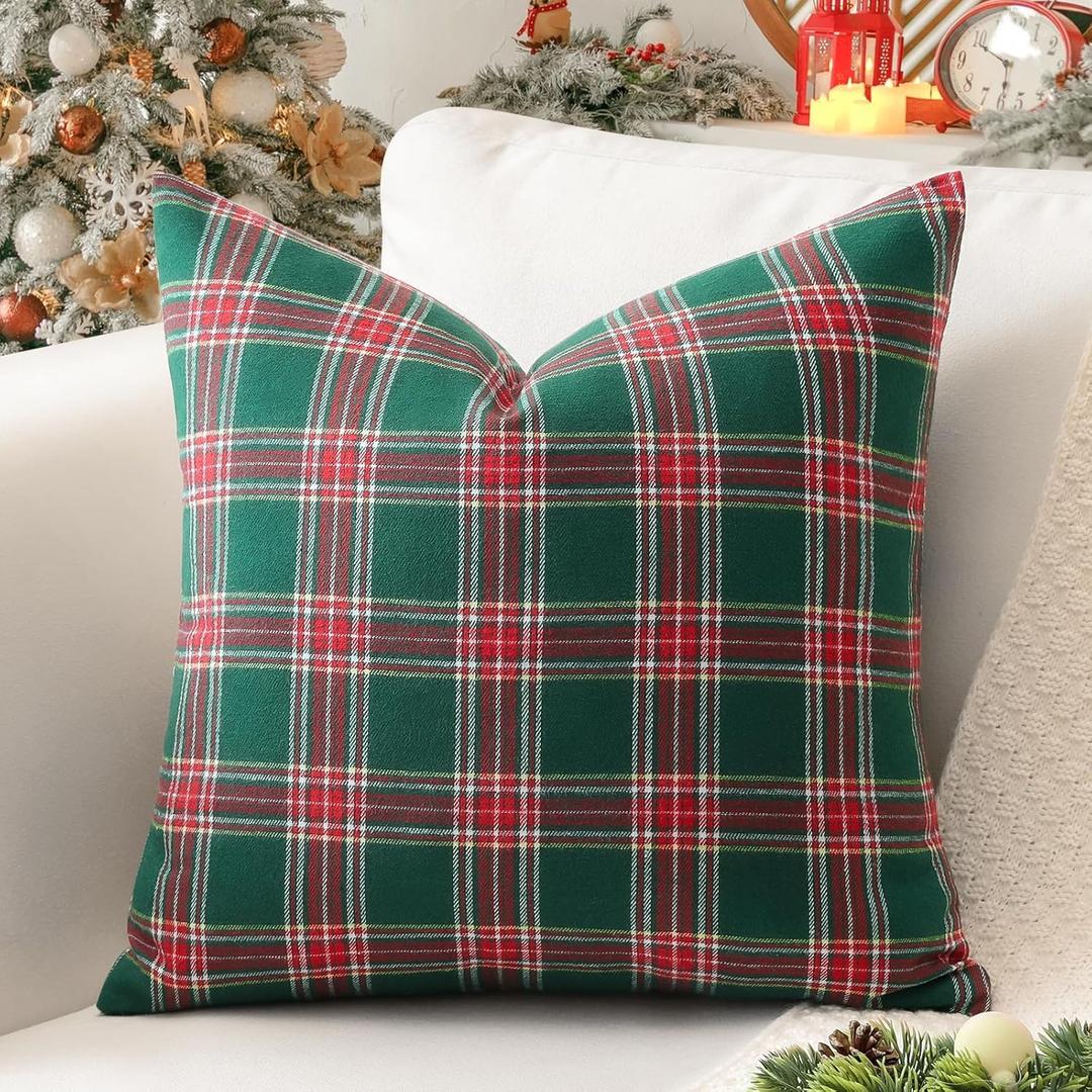 OTOSTAR Christmas Scottish Plaid Throw Pillow Cover Decorative Check Tartan Square Pillow Case Cover for Sofa Couch Bed Living Room Farmhouse Home Decor 24x24 Inches, Green and Red