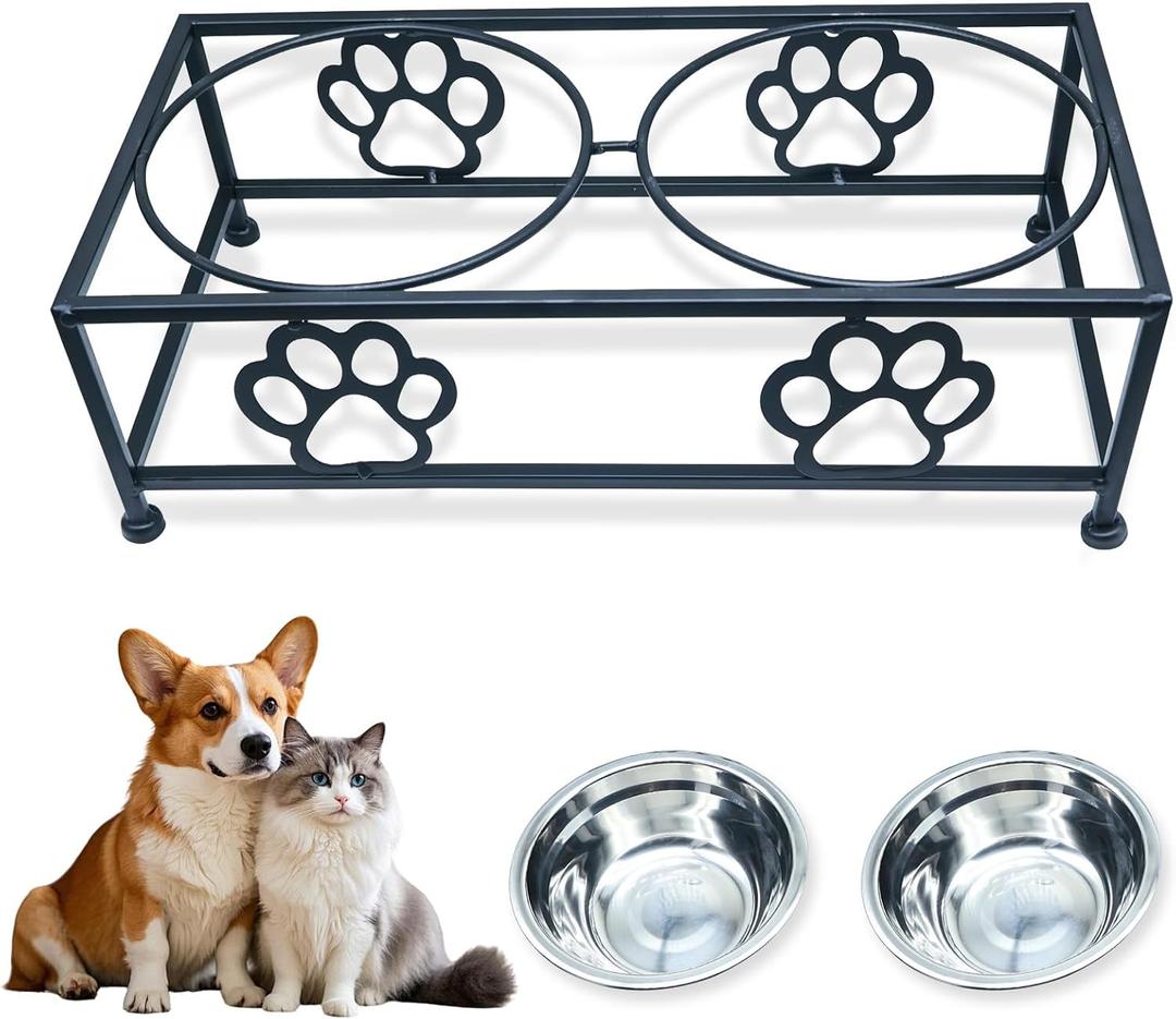 Elevated Dog & Cat Bowls with Stand  Raised Pet Feeder for Small Dogs & Cats, Stainless Steel Dog Food Bowls Elevated, Cat Food Bowl Stand, Elevated Cat Feeding Station (Black)