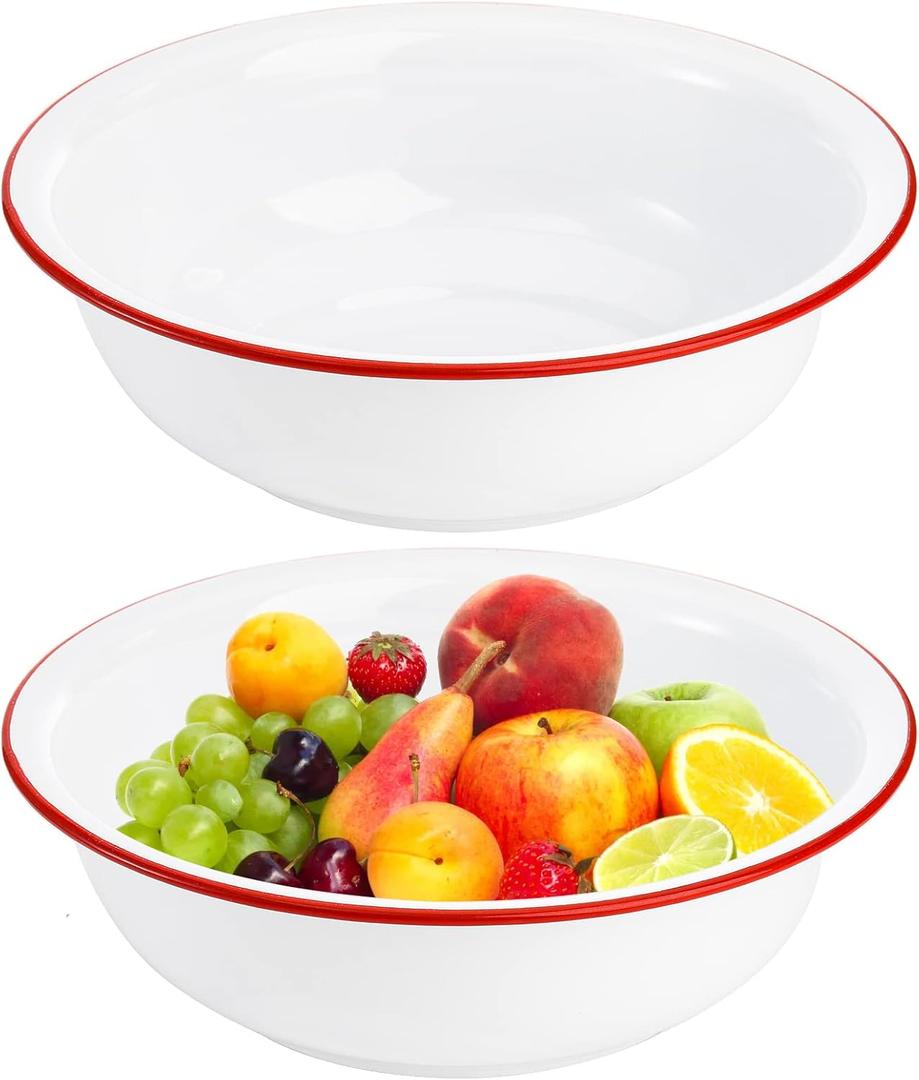 Elsjoy Set of 2 Enamel Bowl, 3 Quart Large Enamel Mixing Bowl White Enamelware with Red Rim, 11 Inch Vintage Enamel Soup Basin for Fruit, Salad, Pasta, Dinner