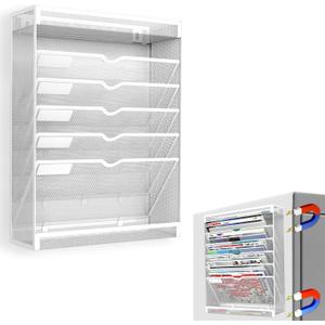 7 Tier Magnetic File Holder, No Drilling Wall File Organizer for File Cabinets Whiteboard Refrigerator,Office,Classroom, Hanging Paper Folder Holder, White