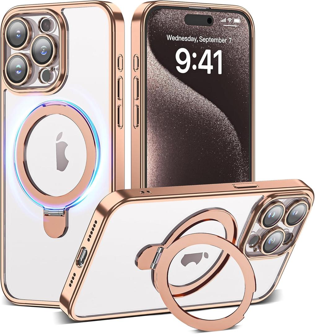 Compatible with iPhone 15 Pro Max Case with Magnetic Ring Stand [Camera Len Protectors][Compatible with Mag-Safe] Clear Plating Phone Case for iPhone 15 Pro Max 6.7",Desert Gold
