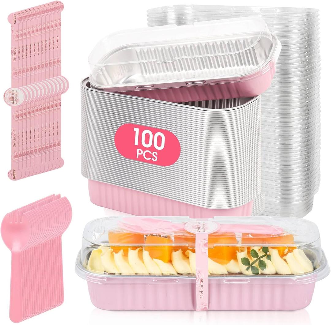 100 Pack Mini Cake Pans with Lids and Spoons, Disposable Aluminum Foil Cake Tins6.8oz Individual Small Cake Baking Containers for Party, Wedding, Birthday
