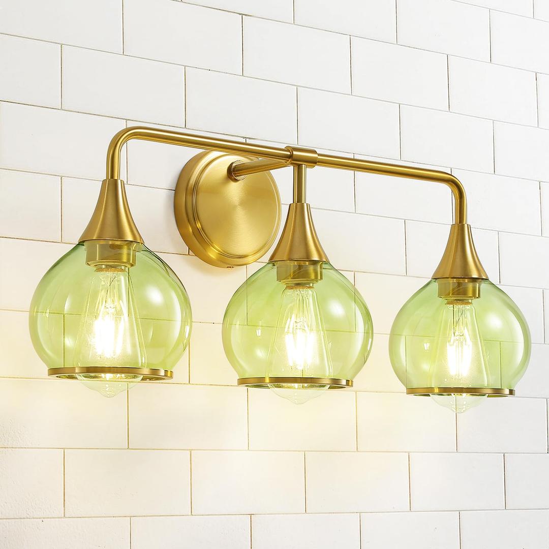 HAHZT Brushed Gold Bathroom Vanity Light 3-Lights Bathroom Light Fixtures Over Mirror with Green Clear Glass Shade 22.4 inch Wall Sconce Lighting Bath(Exclude E26 Bulb)