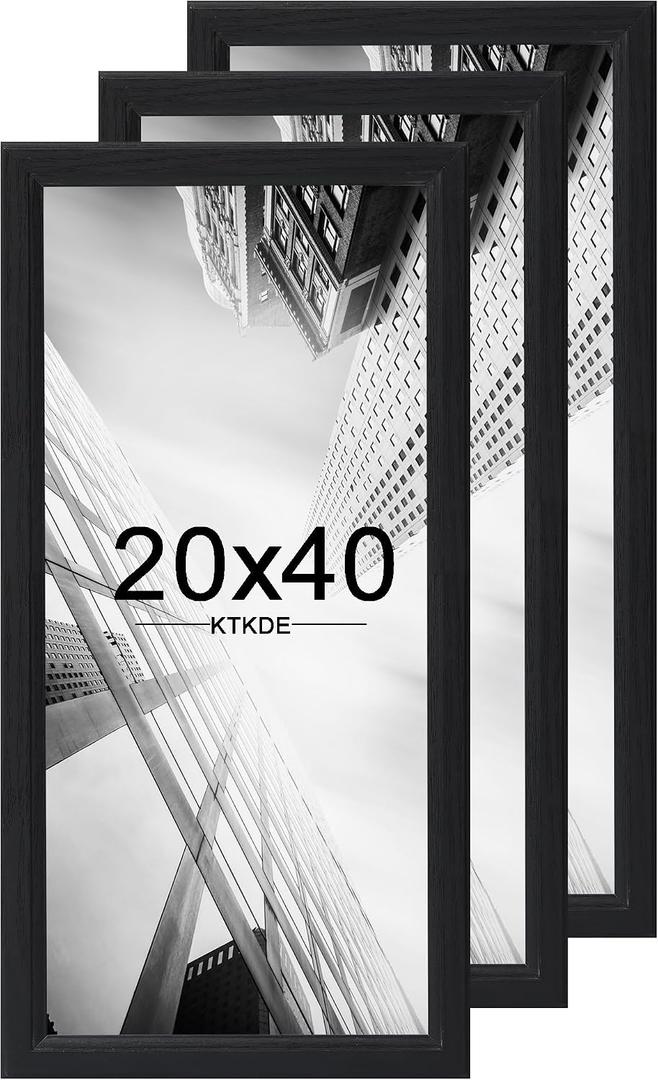 KTKDE 20x40 Picture Frame Set of 3, Poster Frame Wooden Black 40 by 20 in for Pictures and Art Prints, Exhibition, Caffe Large Frame for Photos, best gift, 20x40in - 3 Pack