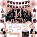 14th Birthday Decorations for Girls,32PCS 14th Birthday Party Decorations, Including Backdrop, Crown, Sash, banner, Hanging Swirl, balloons, Cake Topper, Paper Fans and Anniversary Card