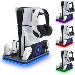 PlayStation Portal Charger, PS5 Stand and Cooling Station with RGB LED Controller Charging Dock Accessories, PS5 Edge Controller and PS Portal Charger, Headset and Remote Holders (Black)