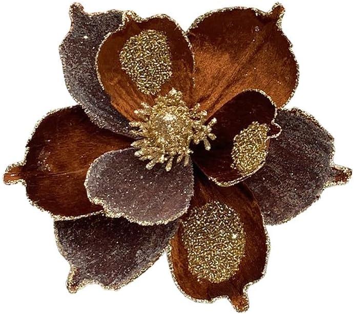 10in Brown Christmas Flowers 8 Pcs Large Christmas Glitter Magnolia Flowers Christmas Tree Ornaments Giant Artificial Flowers with Stems for Xmas Tree Holiday Decorations