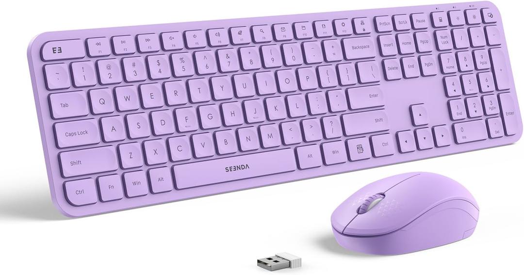 Wireless Keyboard and Mouse Combo  seenda Full Size 2.4G USB Wireless Keyboard Mouse Set, Quiet Cordless Computer Keyboard Mouse for Windows, Laptop, PC  Purple