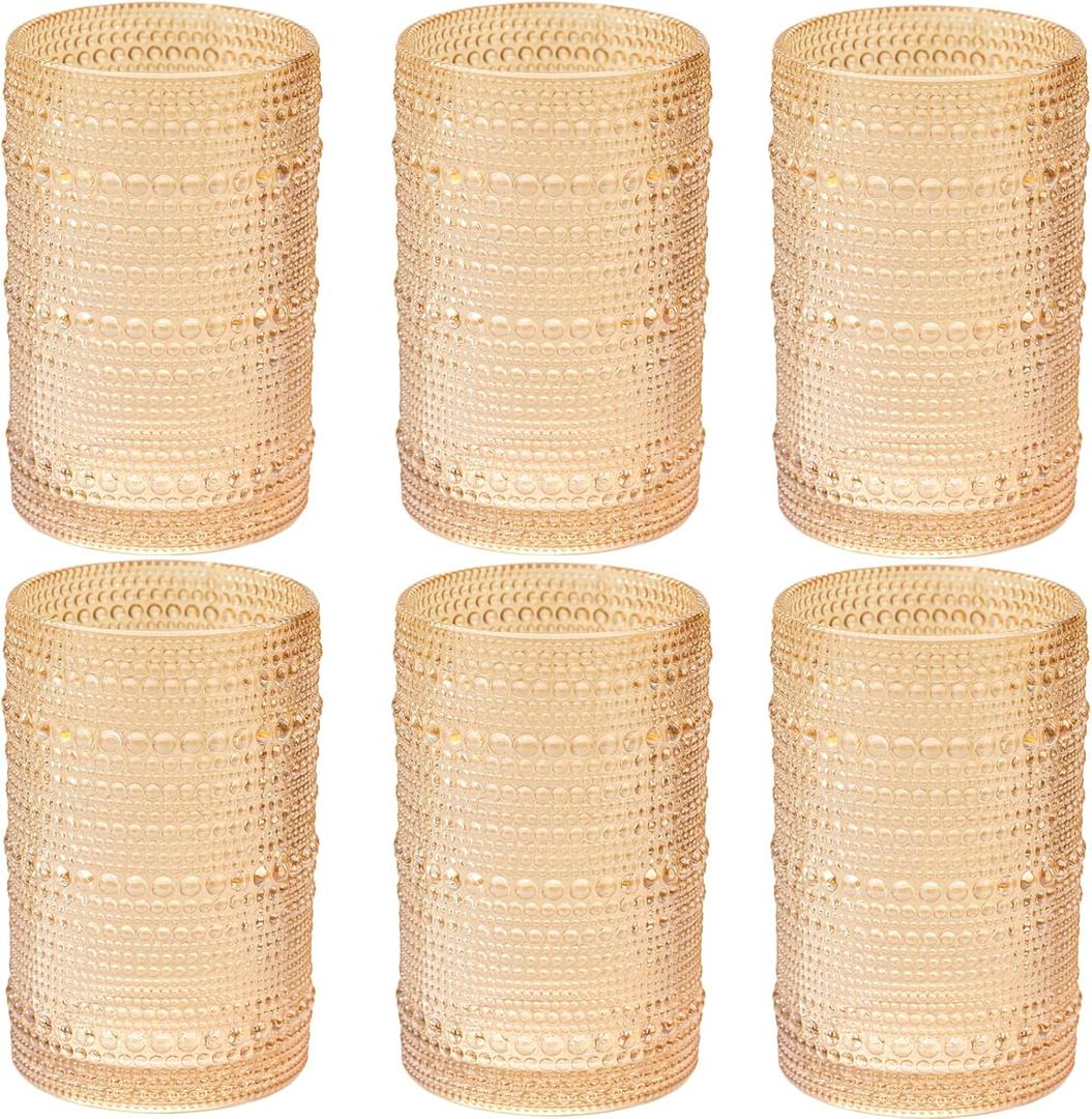 XKXKKE Amber Hobnail Beaded Drinking Glasses Set of 6, 15 oz Vintage Glassware Set Romantic Water Glasses Tumbler, Water Cups, Clear Embossed Glassware Set for Beer, Juice, Cocktail, Soda, Beverages