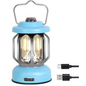 Rechargeable LED Camping Lanterns, Vintage Camping Lights Battery Operated, Portable Retro Metal Glamping Lights for Hiking, Hurricane, Decoration, Power outages, Blue, 1 Pack