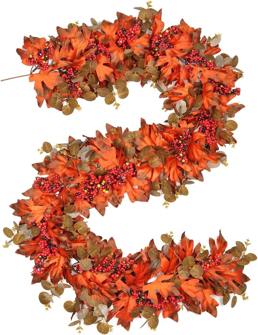 Fall Garland with Maple Leaf, Fall Decor for Wedding Home Mantle, 5.9Ft Harvest Festival Thanksgiving Halloween Garland Leaves Decorations, Artificial Foliage Garlands for Autumn Indoor Outdoor Dcor