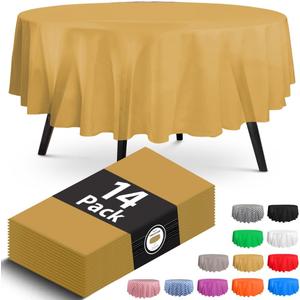 14 Pack Premium Gold Plastic Tablecloth - 84 x 84 in. Disposable Plastic Table Cloth - Decorative Table Cover - Smooth Table Cover - Disposable Table Cloths For Parties, Weddings