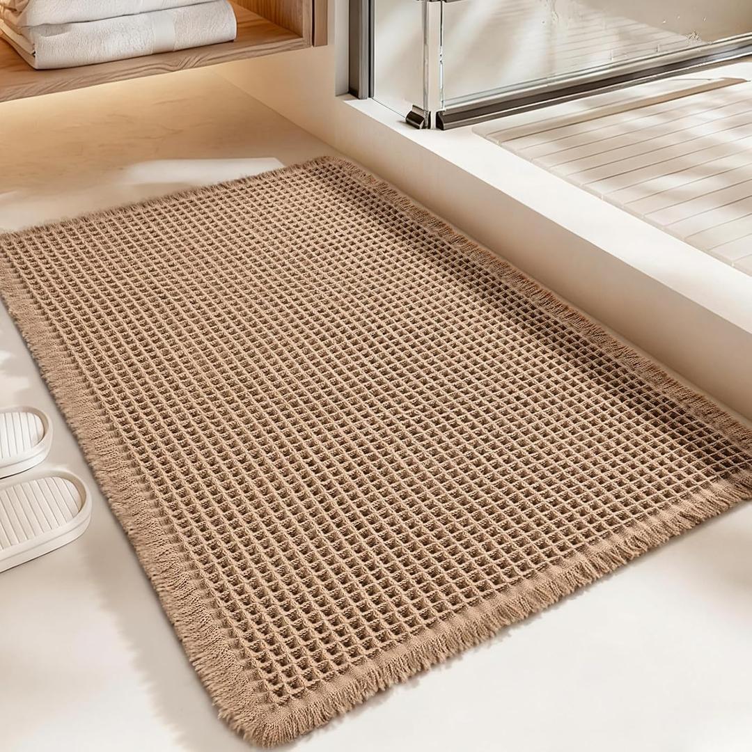 Luxury Waffle Bath Mat, Super Absorbent Non Slip Bathroom Rugs, Boho Ultra Soft Comfort Machine Washable Quick Dry Floor Mats with Tassels (Brown, 17" x 24")