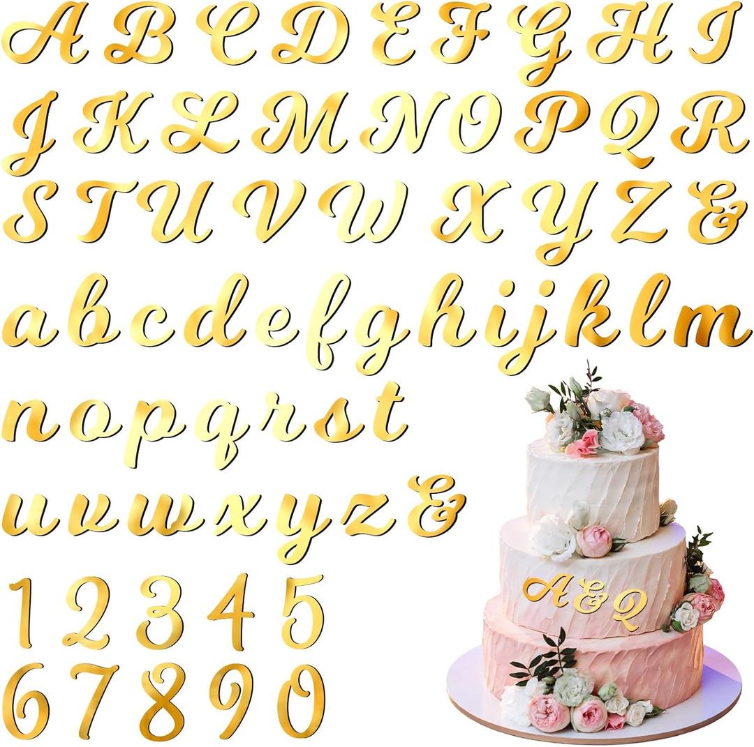 Jspupifip 64 Pcs Acrylic Cake Alphabet Numbers Topper, Mirror Number 0-9 and Alphabet A-Z Personalized Cake Picks Decor Anniversary Wedding Baby Shower Party Supplies(Gold)