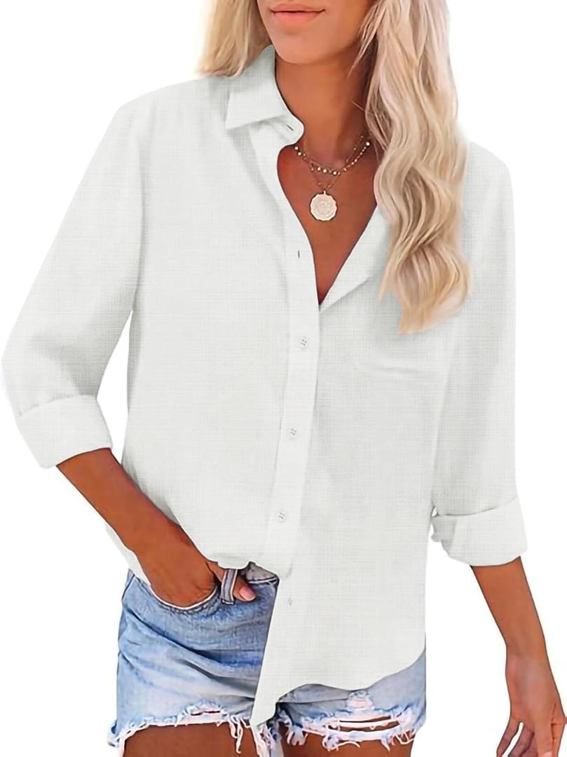 Button Down Shirts for Women Long Sleeve Dress Blouse Casual Solid Office Work Tops (X-Small, White)
