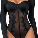 SweatyRocks Women's Sheer Lace Mesh Long Sleeve Underwire Corset Bodysuit Going Out Tops, S