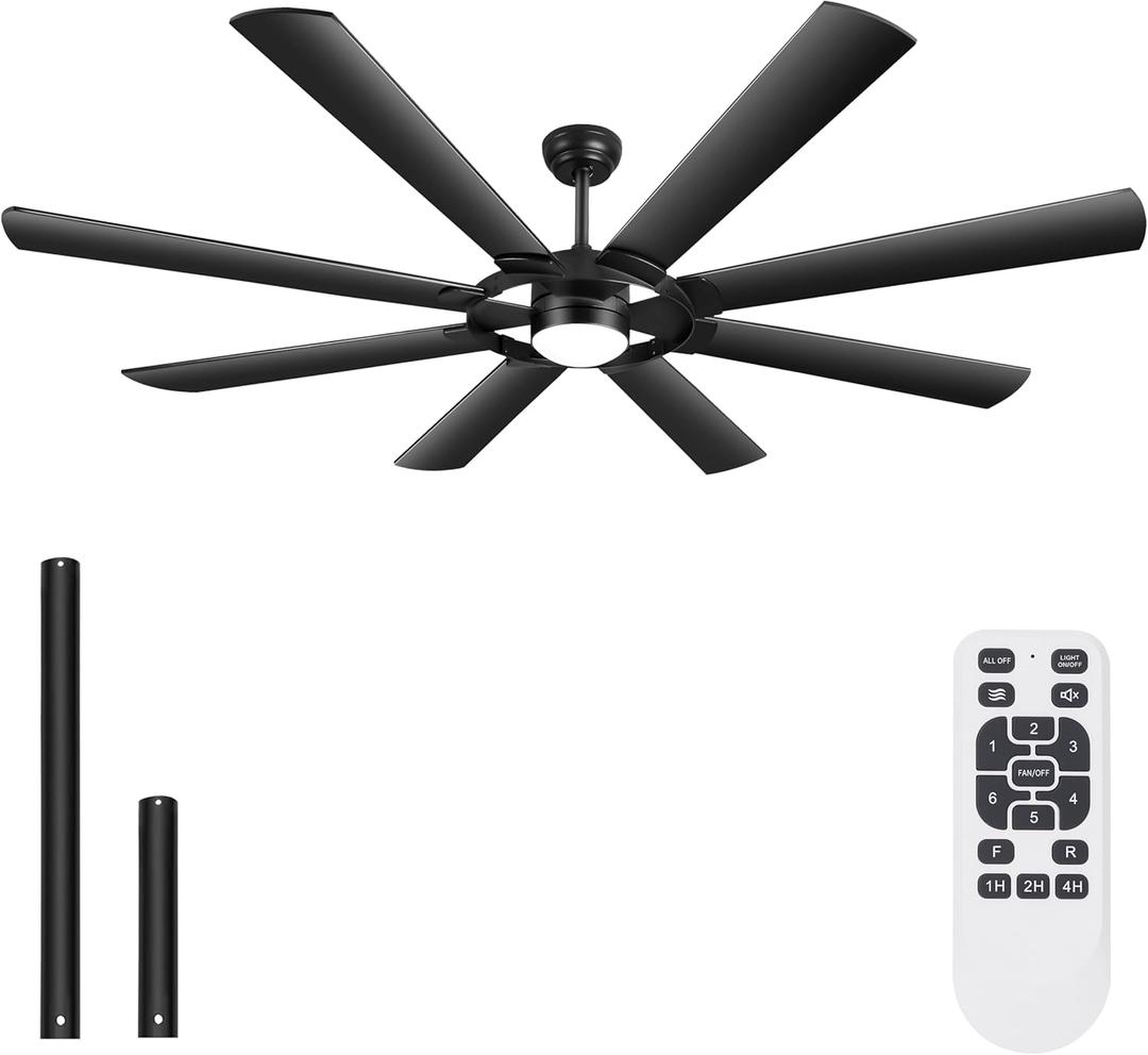 Ohniyou 76 inch Large Ceiling Fans with Lights and Remote, 8 Wood Blades Black Outdoor Modern Industrial LED Lights Ceiling Fans with Reversible Quiet DC Motor for Living Room Patio Farmhouse Bedroom