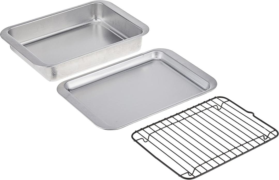Nordic Ware Naturals 3 Piece Compact Pan Set, Toaster Oven, Counter Ovens, Air Fryer and Broiler Safe, Size for 1-2 Portions - Includes Baking Sheet, Broiling Rack and Rectangular Pan